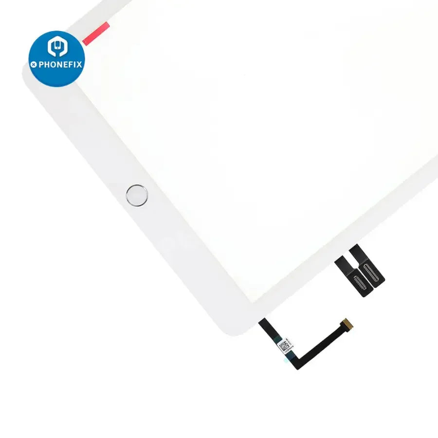 iPad 6 touch screen assembly with home button replacement by PHONEFIX, showing the replacement screen and home button component.