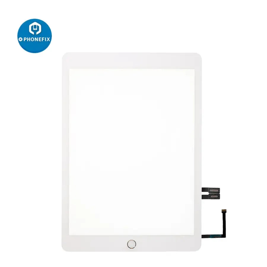 iPad 6 touch screen assembly with home button replacement by PHONEFIX, showing the assembled screen and digitizer for iPad repair.