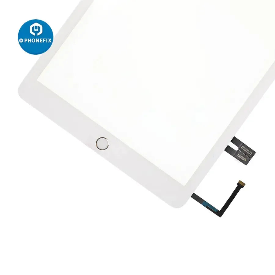 iPad 6 touch screen assembly with home button replacement by PHONEFIX, showing assembled front view of the replacement screen.