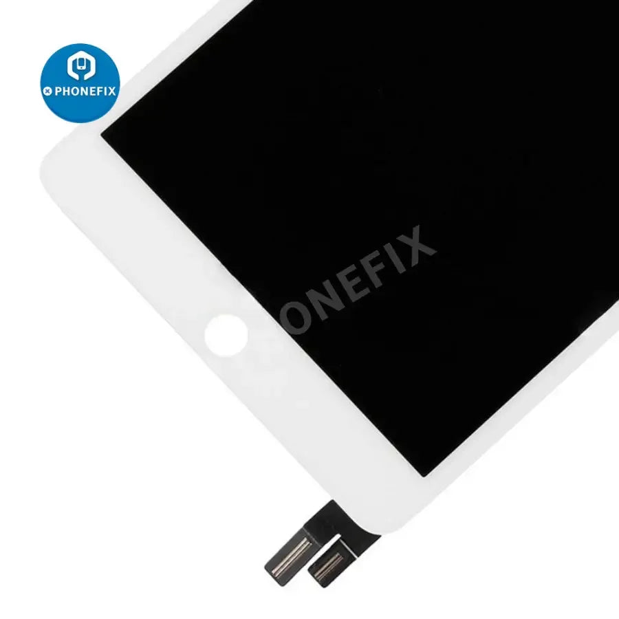 iPad Mini 4 LCD digitizer assembly replacement by PHONEFIX, showing the screen without home button on a white background