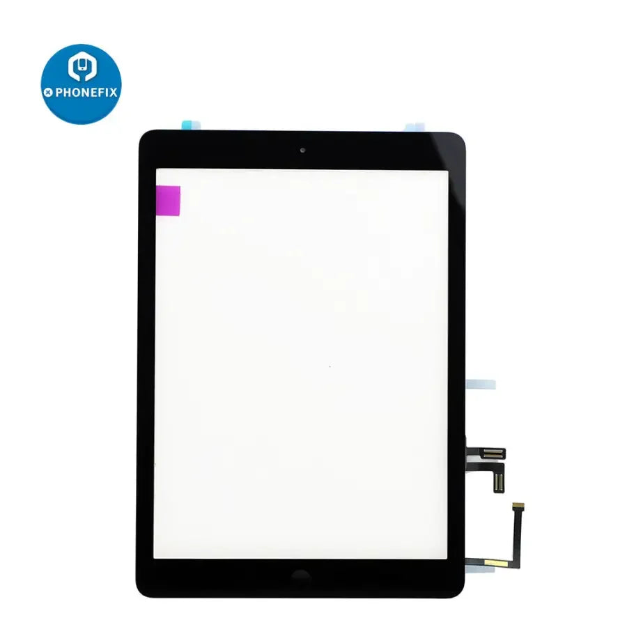 iPad Air touch screen assembly replacement by PHONEFIX, showing a new replacement screen with digitizer and frame.