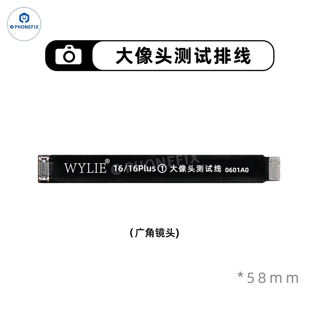 WYLIE iPhone X to Pro Max rear camera extension FPC test cable by PHONEFIX, showing the flexible connector and cable details.