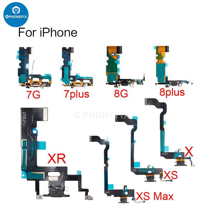 iPhone Lightning USB-C charging port flex cable replacement by PHONEFIX, showing the black flex cable with connector ends.