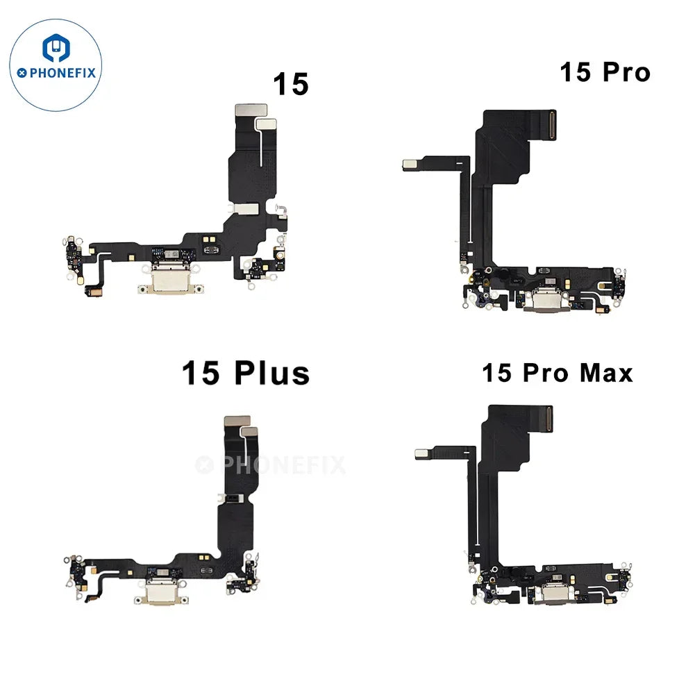 iPhone Lightning USB-C charging port flex cable replacement by PHONEFIX, showing the flexible cable with connectors on each end.