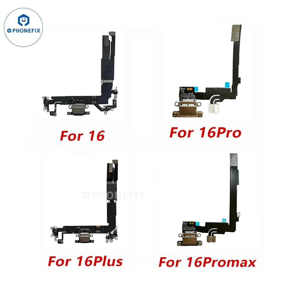 iPhone Lightning USB-C charging port flex cable replacement from PHONEFIX, showing the flexible cable with connectors on both ends.