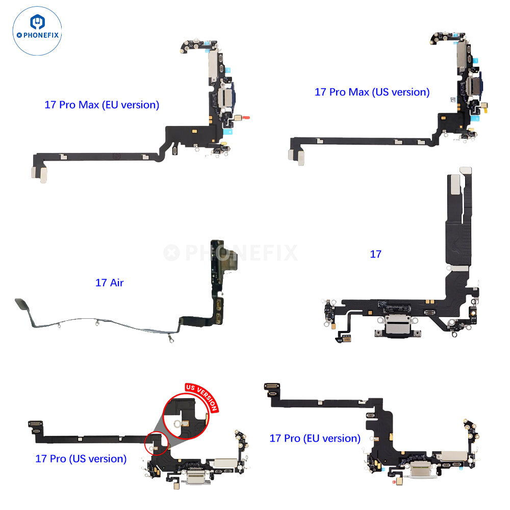 iPhone 17 series Lightning USB-C charging port flex cable replacement for iPhone accessories by PHONEFIX, showing the flex cable and connector.