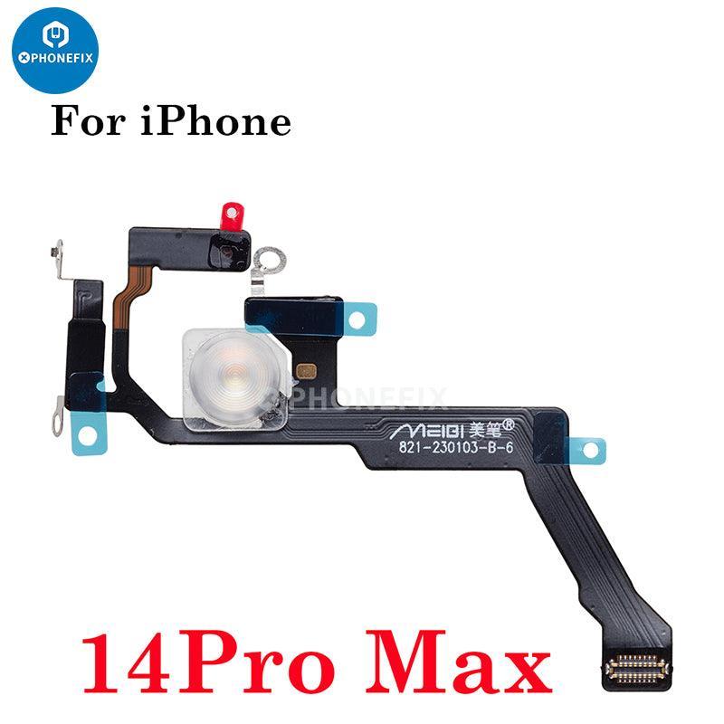 PHONEFIX iPhone 11-15 Pro Max flashlight flex cable replacement, showing a replacement flex cable for iPhone flashlight repair.