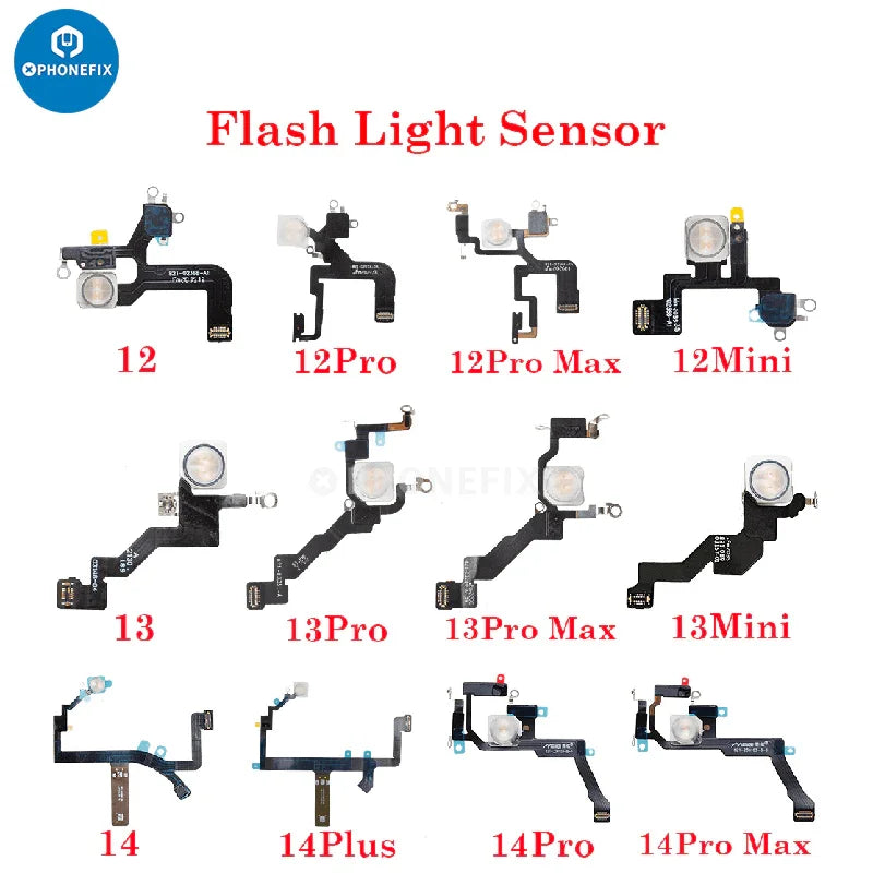 PHONEFIX iPhone 11-15 Pro Max flashlight flex cable replacement for iPhone accessories, showing the replacement flex cable on a white background.