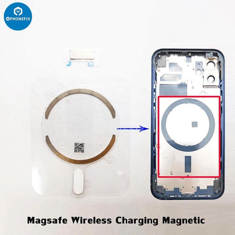 PHONEFIX iPhone MagSafe magnet wireless charging ring sticker attached to an iPhone accessory, showcasing its sleek design and magnetic feature.