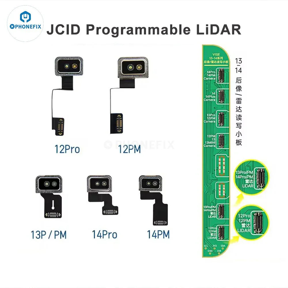 JCID Programmable LiDAR Radar FPC for iPhone, compatible with PHONEFIX accessories, shown with connector and circuit components.