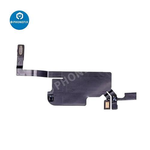 iPhone 13 series rear and front-facing camera with vibration motor replacement by PHONEFIX, showing close-up of camera components.