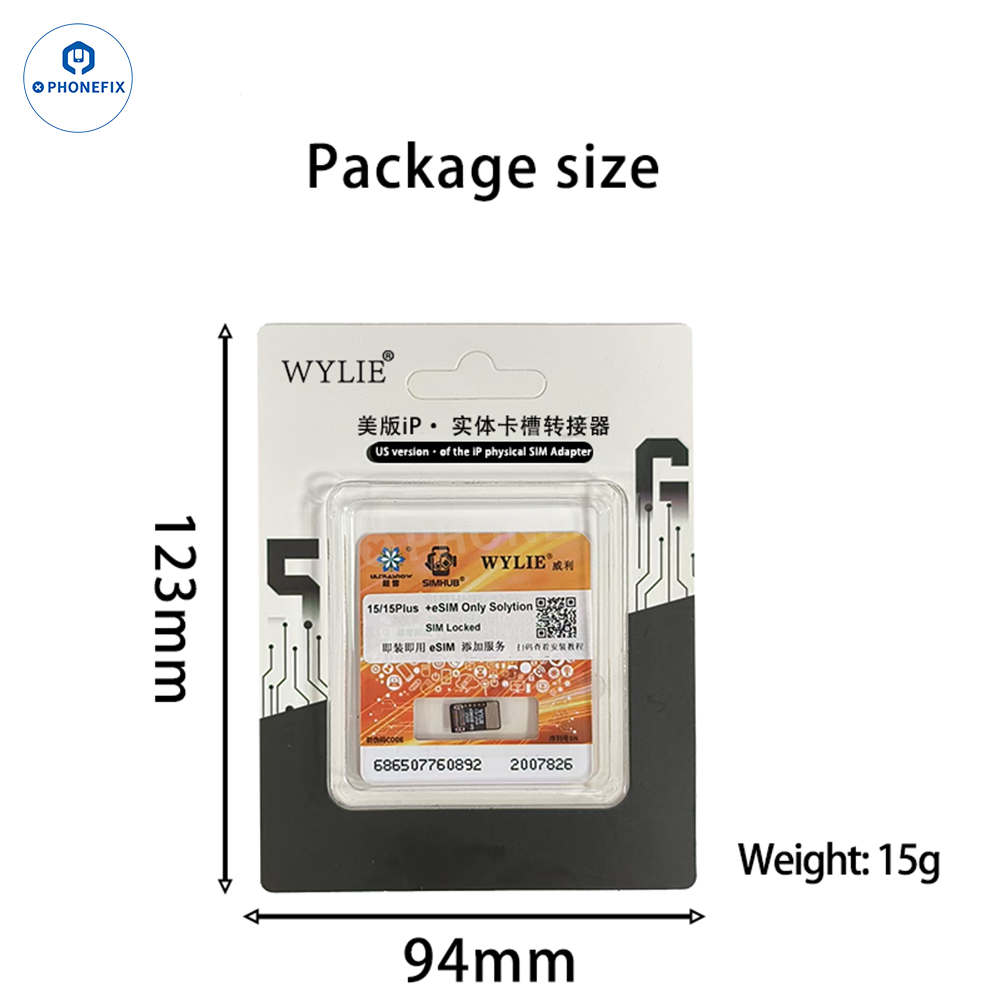 WYLIE eSIM unlock solution for iPhone 15-17 Pro Max, an iPhone accessory by PHONEFIX, shown with packaging and device compatibility.