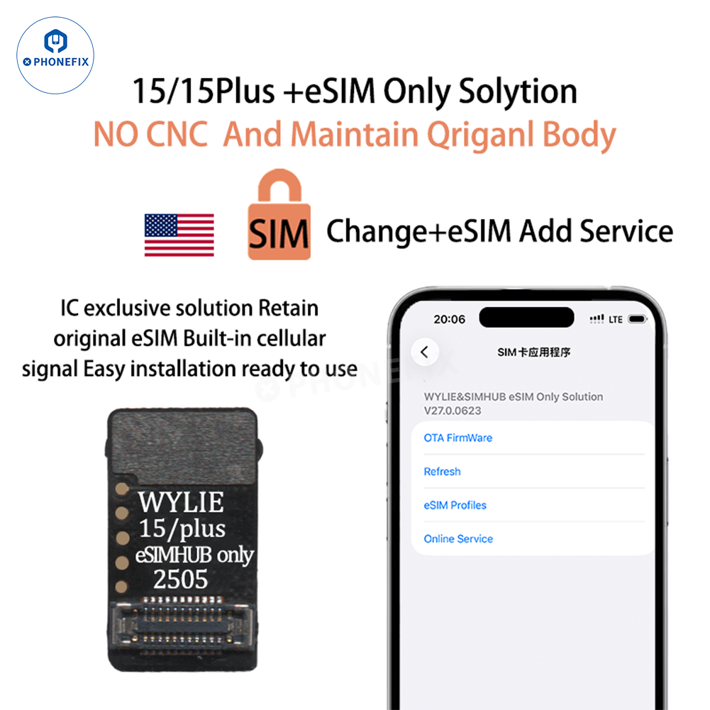 PHONEFIX WYLIE eSIM unlock solution for iPhone 15-17 Pro Max, showing device with eSIM setup on screen.