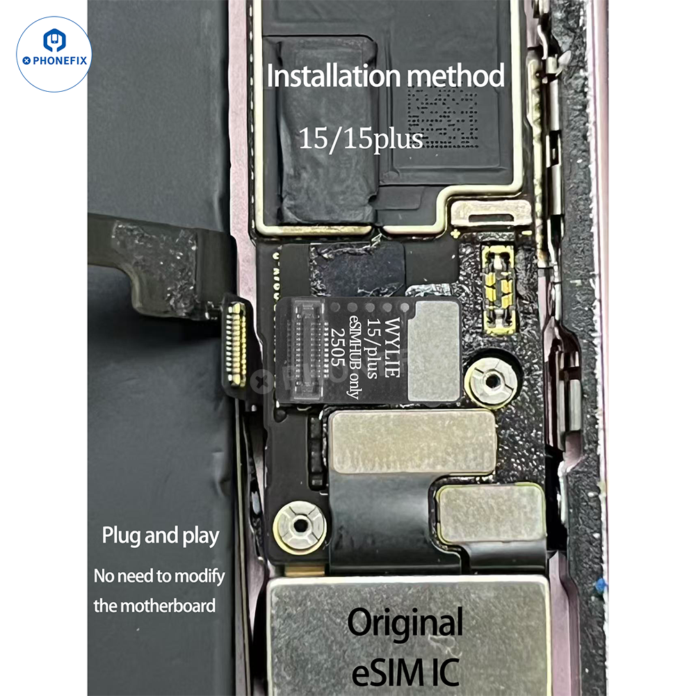 WYLIE eSIM unlock solution for iPhone 15-17 Pro Max by PHONEFIX, showing the eSIM card and packaging for iPhone accessories.