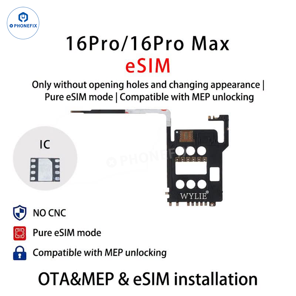 WYLIE eSIM unlock solution for iPhone 15-17 Pro Max, PHONEFIX brand, showing the device with eSIM activation interface.