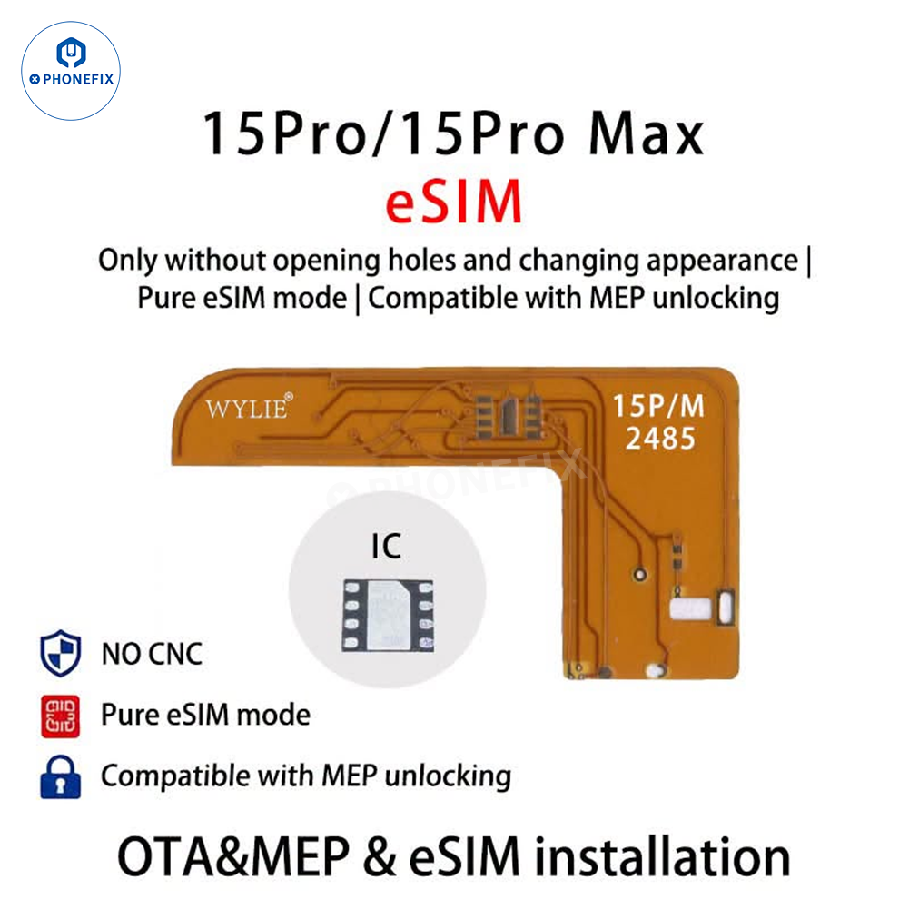 WYLIE eSIM unlock solution for iPhone 15-17 Pro Max by PHONEFIX, showing the device and eSIM activation process.