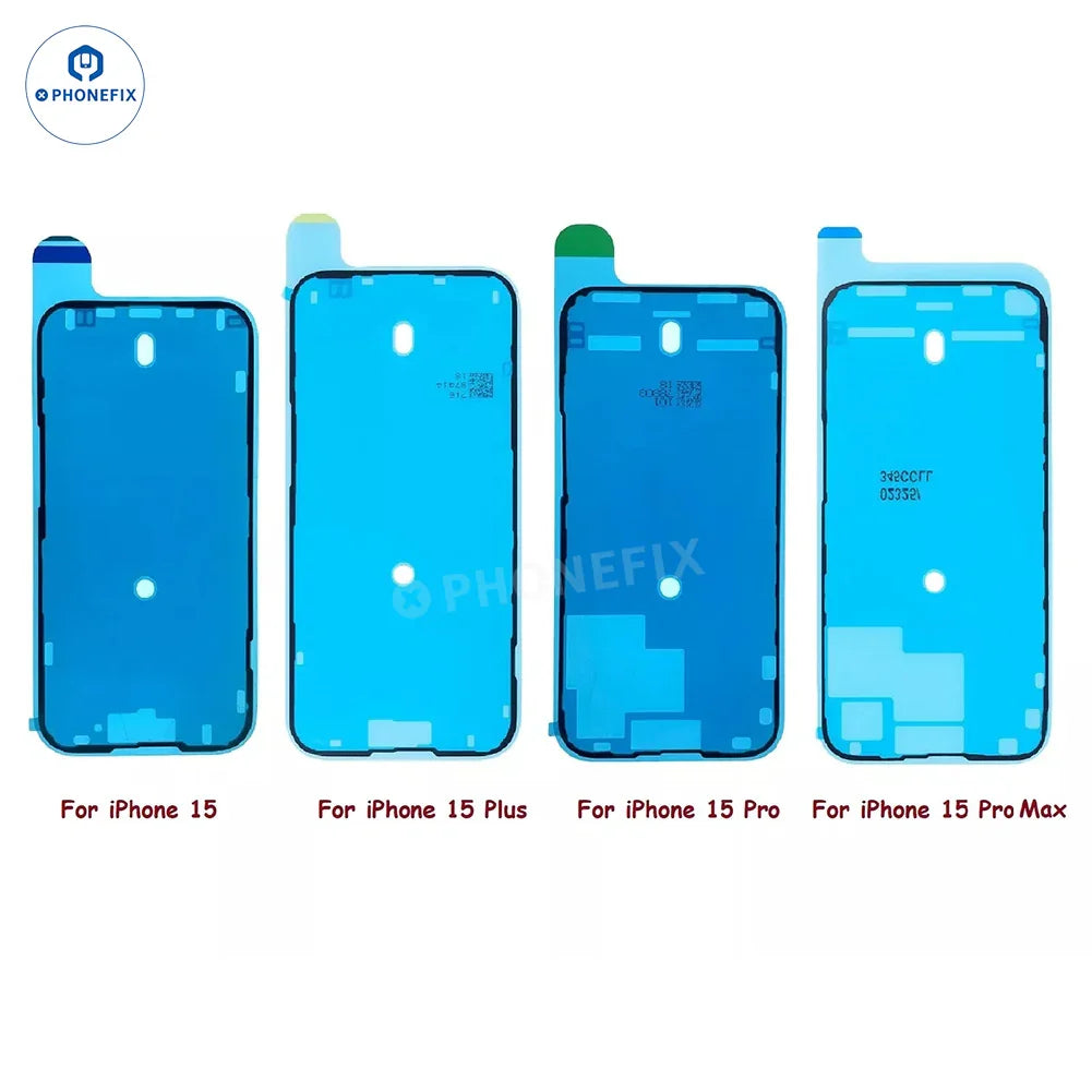 PHONEFIX waterproof screen sealing adhesive sticker for iPhone 15-16 Pro Max, showing the clear adhesive strip on a smartphone screen.