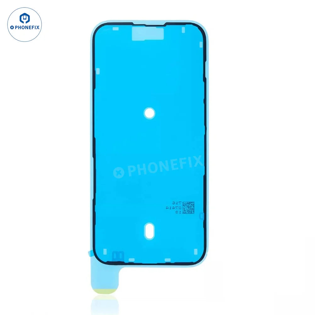 Waterproof sealing adhesive sticker for iPhone 15 and 16 Pro Max screen, PHONEFIX accessory showing application on device.