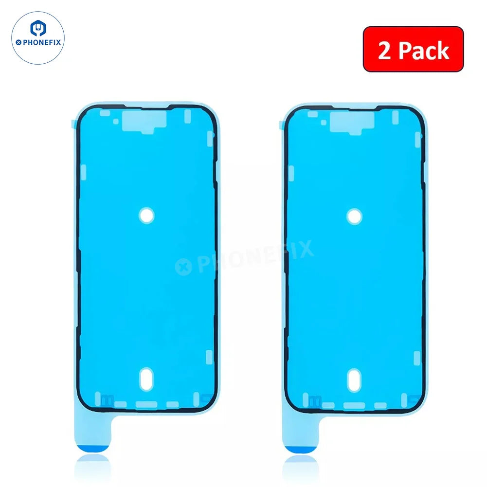 Waterproof sealing adhesive sticker for iPhone 15-16 Pro Max screen, made by PHONEFIX, shown on the phone screen.