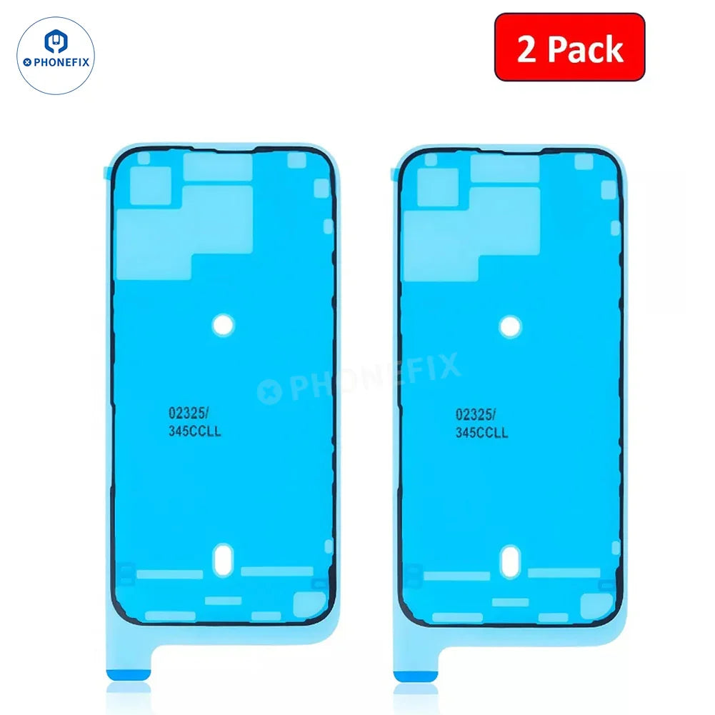 Waterproof sealing adhesive sticker for iPhone 15-16 Pro Max screen, by PHONEFIX, shown applied to a smartphone screen.