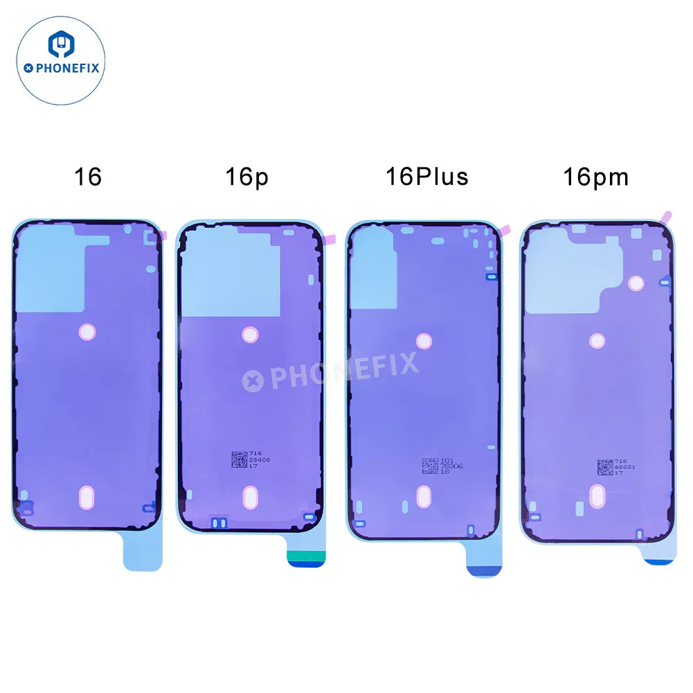 Close-up of PHONEFIX waterproof screen sealing adhesive sticker for iPhone 15-16 Pro Max, showing the clear adhesive strip on the phone screen.