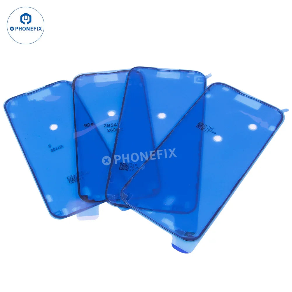 PHONEFIX waterproof screen sealing adhesive for iPhone 15-16 Pro Max, showing the clear adhesive sticker and sealing edge.
