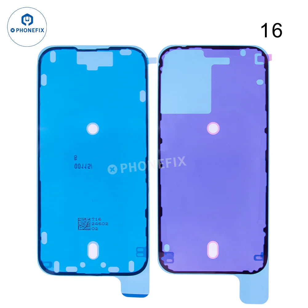 Close-up of PHONEFIX iPhone 15-16 Pro Max waterproof screen sealing adhesive sticker showing clear, flexible sealing material.