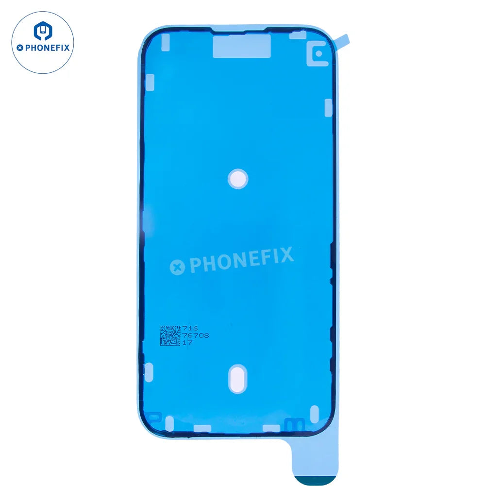 PHONEFIX waterproof screen sealing adhesive sticker for iPhone 15-16 Pro Max, shown applied to the phone screen for protection.