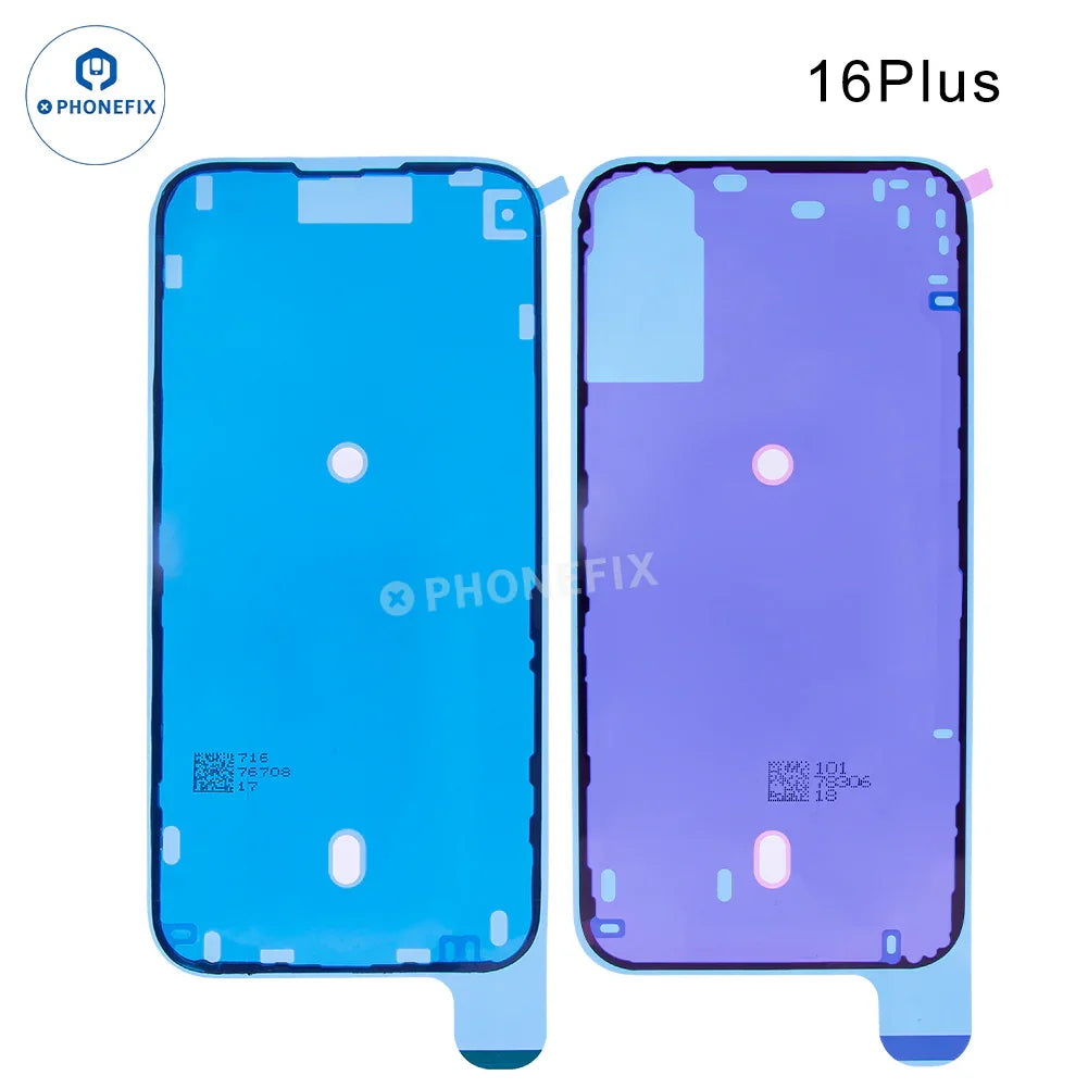 PHONEFIX waterproof sealing adhesive sticker for iPhone 15-16 Pro Max screen protection, shown applied to a smartphone display.