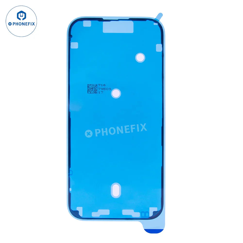 Close-up of PHONEFIX waterproof sealing adhesive sticker for iPhone 15-16 Pro Max screen protection, showing clear adhesive film.