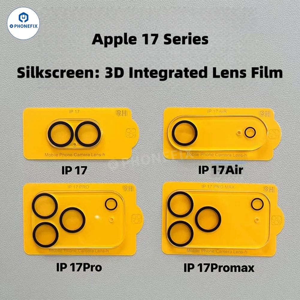 3D HD mobile rear camera lens protector for iPhone 16-17 Pro Max, showing clear protective glass with brand logo on the PHONEFIX accessory.