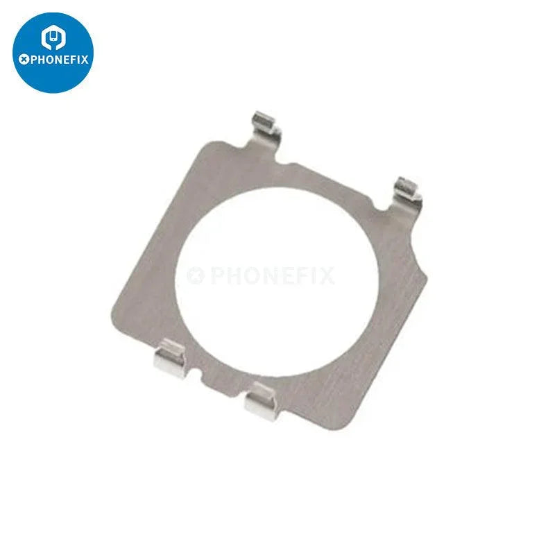 PHONEFIX rear camera metal bracket replacement for iPhone 6 to 11 Pro Max, shown attached to the phone's rear camera assembly.