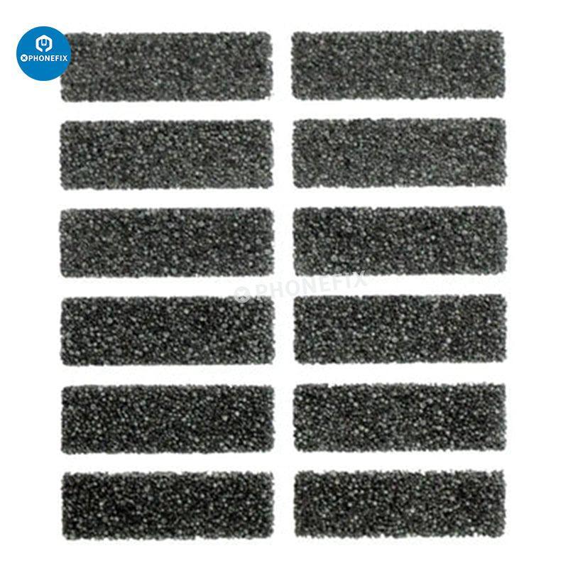 PhoneFIX replacement foam pads for iPhone 6 to 11 Pro Max front camera, showing new foam pads for camera protection.