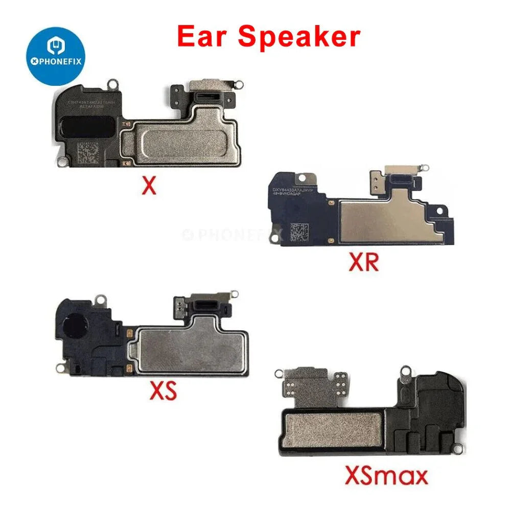Close-up of a PHONEFIX iPhone earpiece speaker sound receiver replacement part for iPhone accessories.