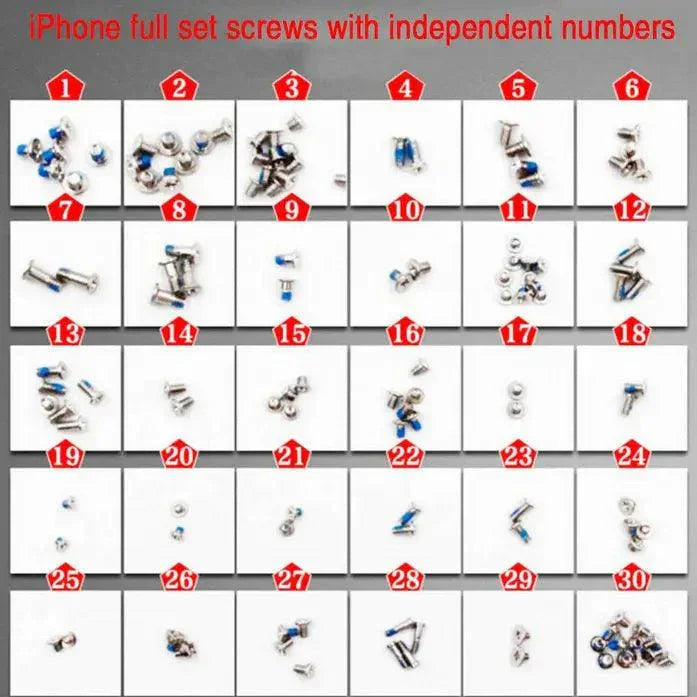 Full set of PHONEFIX iPhone screws with independent numbered diagram for iPhone X-16 repair and assembly.