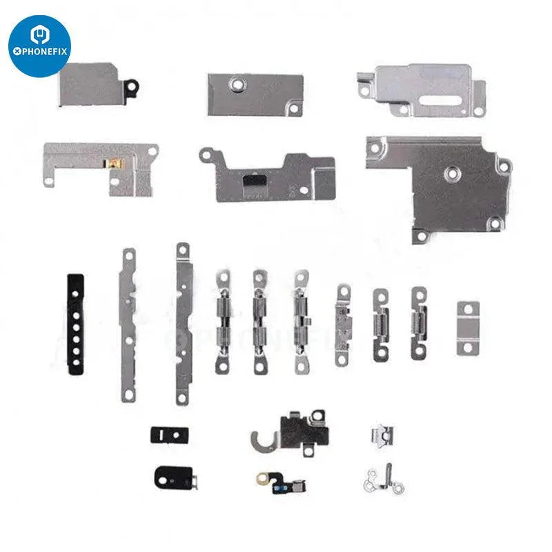 Inside small metal parts bracket shield plate for iPhone 6 to iPhone 17 Pro Max, showing metal components inside the device.