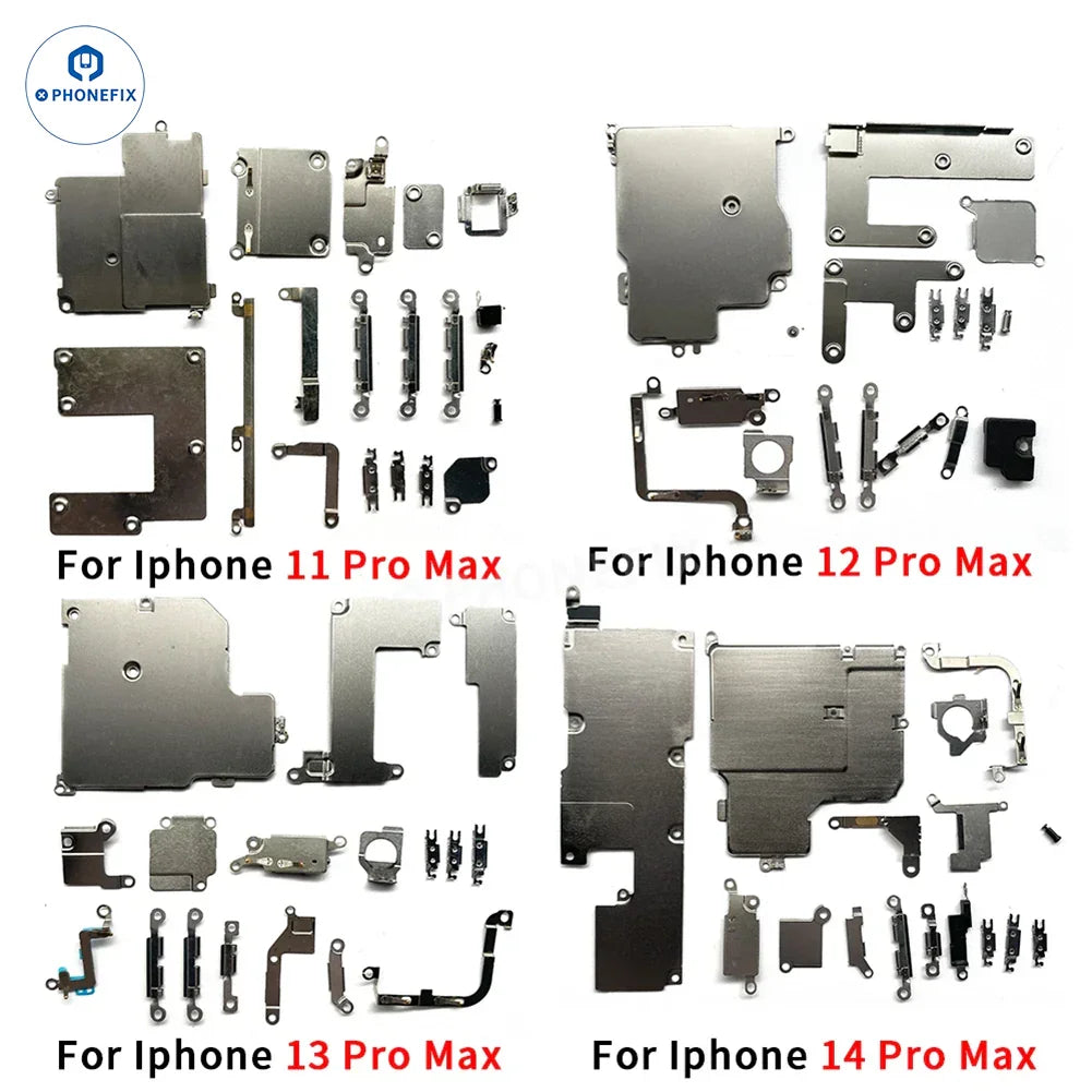 Inside small metal parts bracket shield plate for iPhone 6 to 17 Pro Max, a PHONEFIX iPhone accessory showing metal components