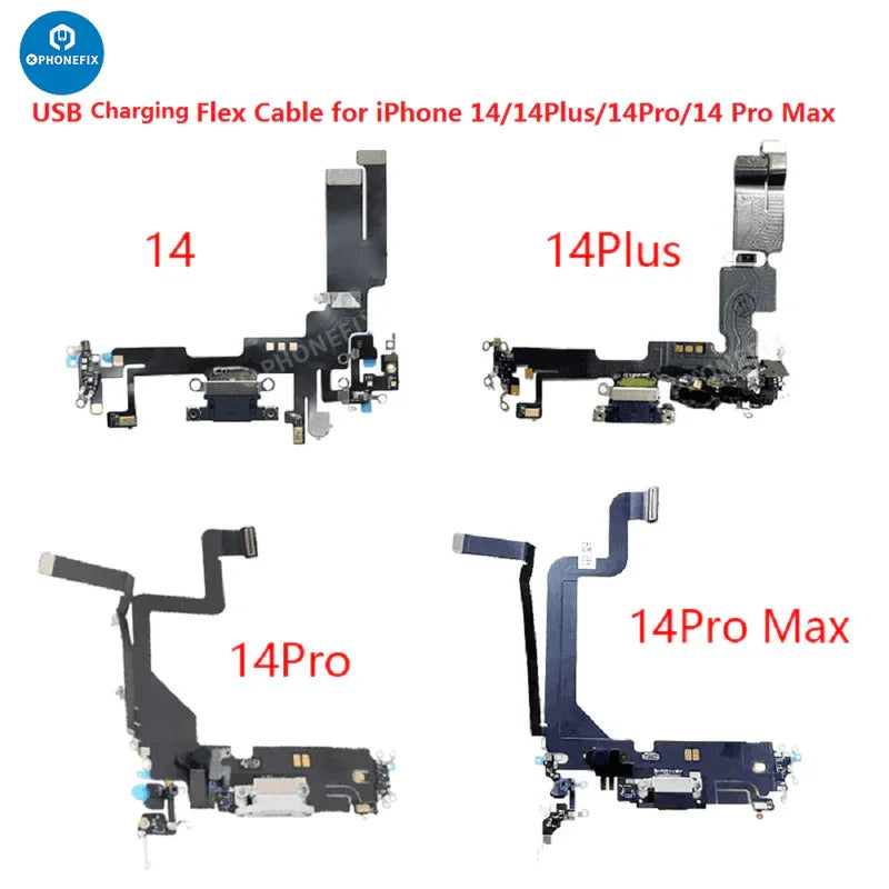USB charging flex cable for iPhone 8 to 17 Pro Max by PHONEFIX, showing the replacement flex cable with connectors.