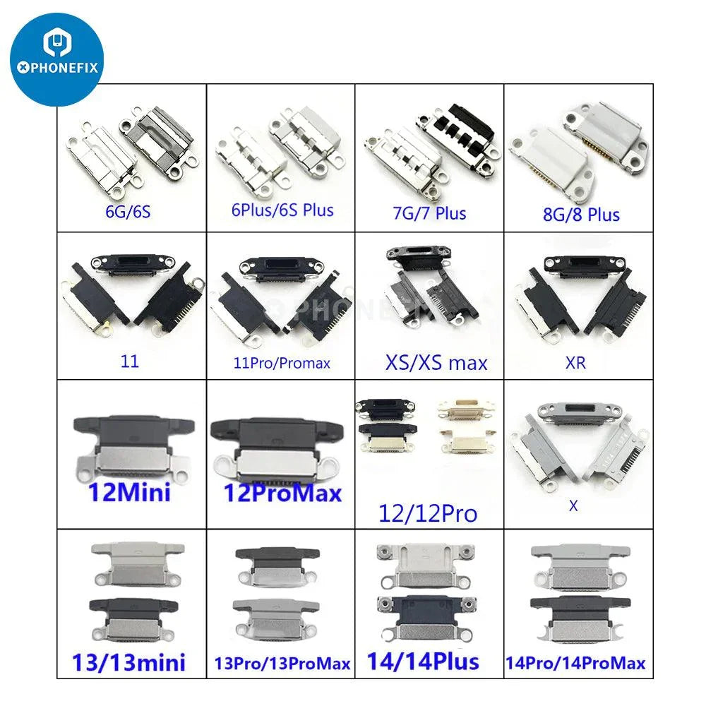 USB charging port dock connector for iPhone 7 to 16 Pro Max, compatible iPhone accessories by PHONEFIX, showing the dock connector.