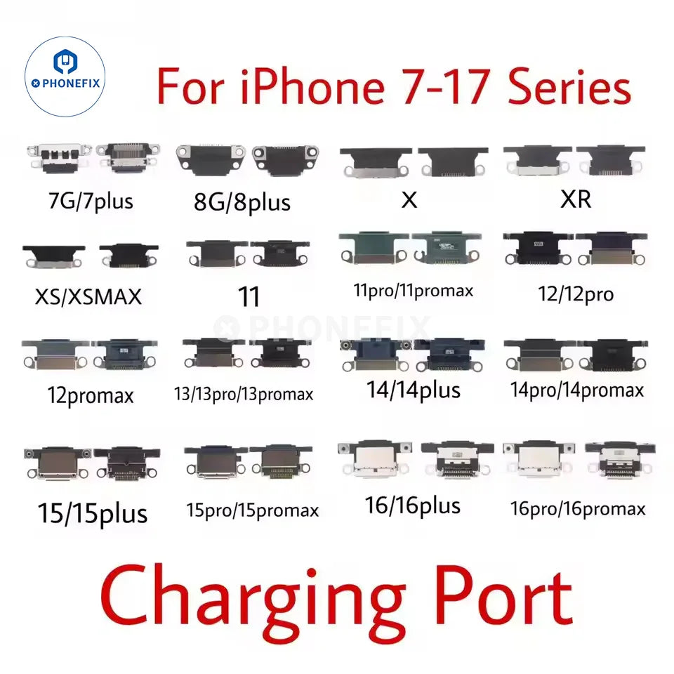USB charging port dock connector for iPhone 7 to 16 Pro Max, PHONEFIX iPhone accessories, replacement repair part.