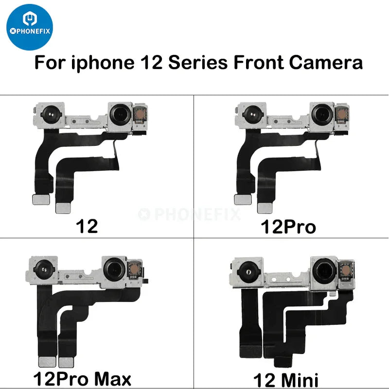 Front camera assembly for iPhone 7 to iPhone 16 Pro Max, replacement accessory by PHONEFIX, showing the camera lens and components.