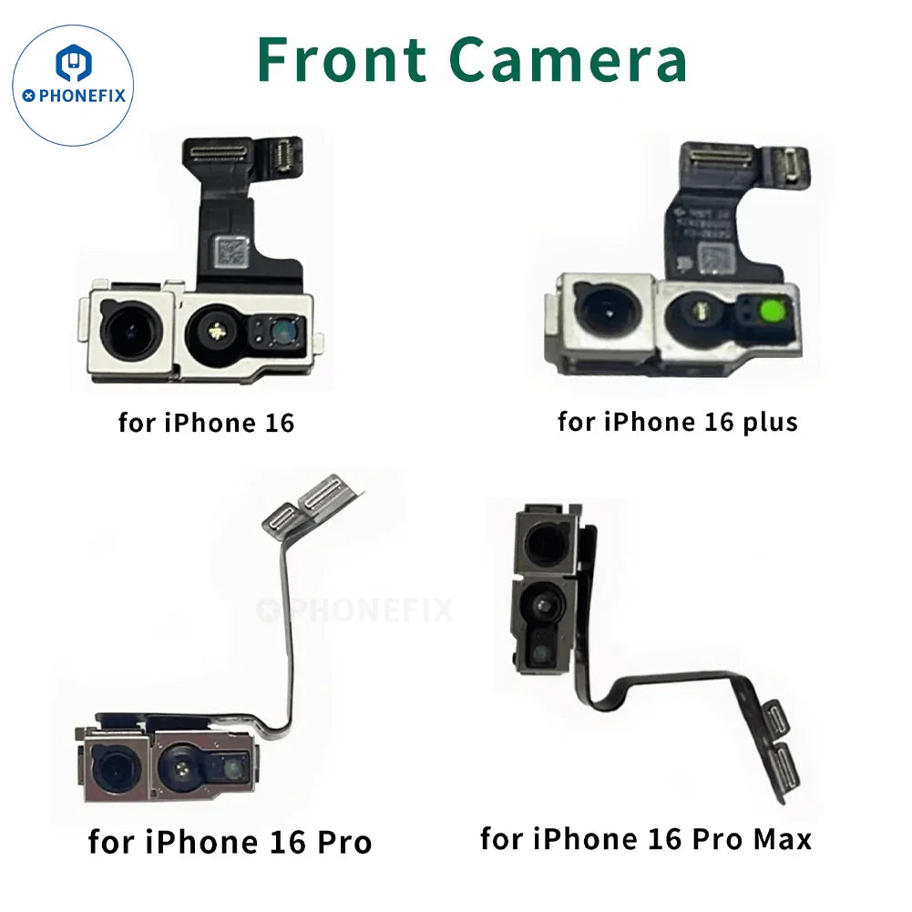 iPhone 7 to 16 Pro Max front camera assembly replacement part by PHONEFIX, showing the detailed camera lens and connector components.