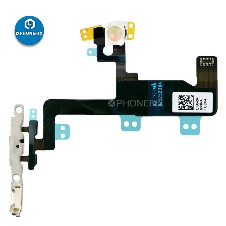 iPhone power button flex cable with bracket replacement by PHONEFIX, showing the flexible cable and metal bracket for repair.