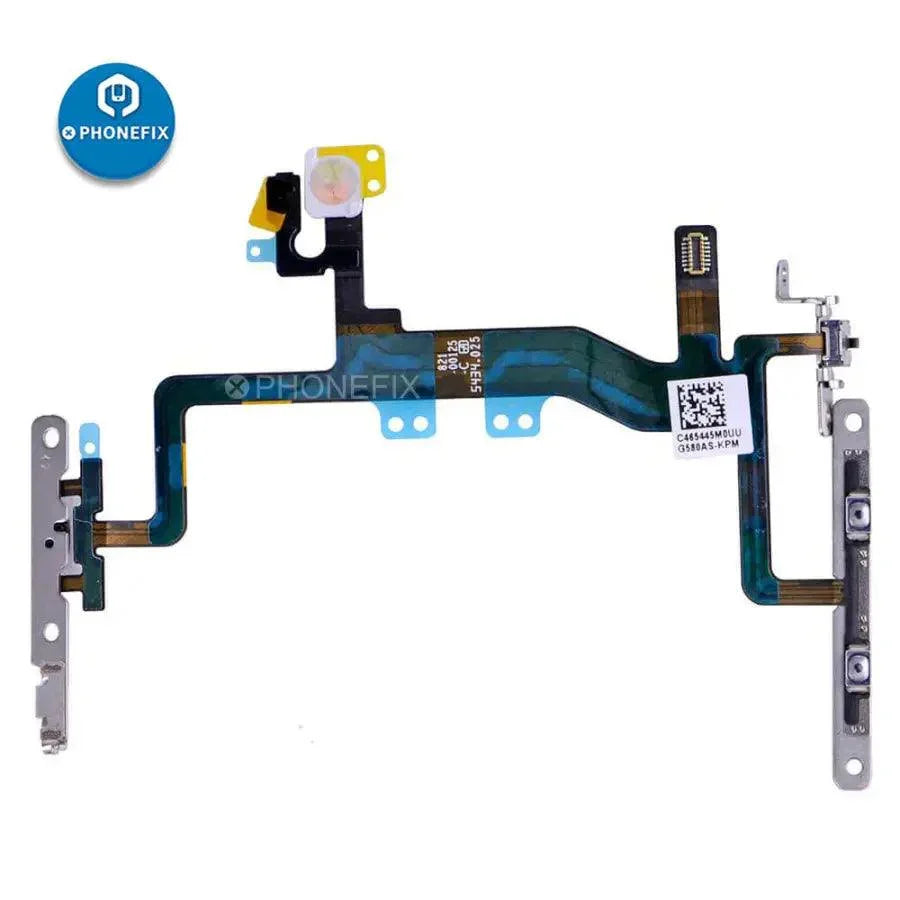 iPhone power button flex cable with bracket replacement by PHONEFIX, showing the flex cable and metal bracket for repair.