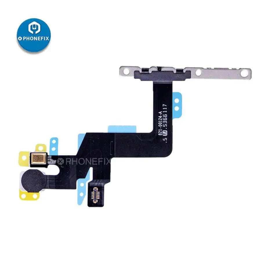 iPhone Power Button Flex Cable with Bracket replacement by PHONEFIX, showing the flexible cable and metal bracket for repair.