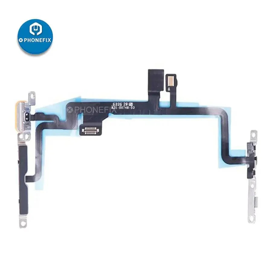 iPhone power button flex cable with bracket replacement by PHONEFIX, showing the flexible cable and small metal bracket for repair.