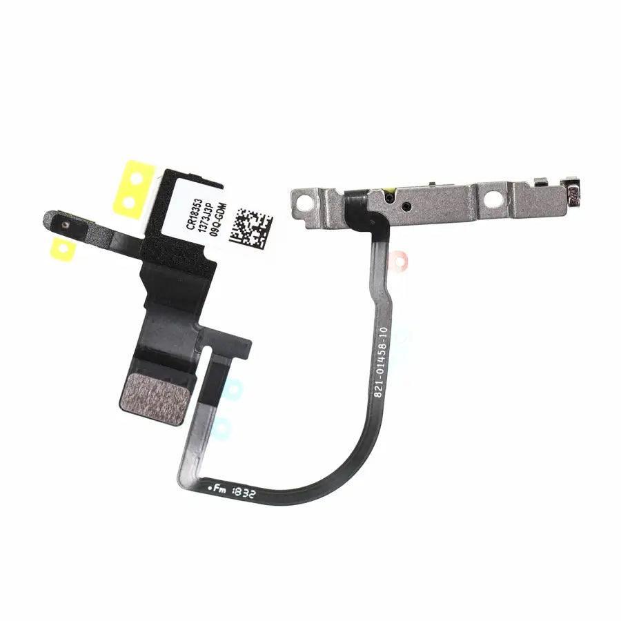 iPhone power button flex cable with bracket replacement by PHONEFIX, showing the flexible cable and mounting bracket for iPhone repair.