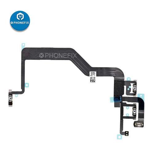 iPhone power button flex cable with bracket replacement by PHONEFIX, showing the flexible cable and metal bracket for repair.