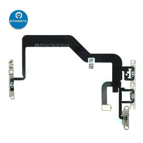 iPhone power button flex cable with bracket replacement by PHONEFIX, showing the flexible cable and metal bracket for iPhone repair.