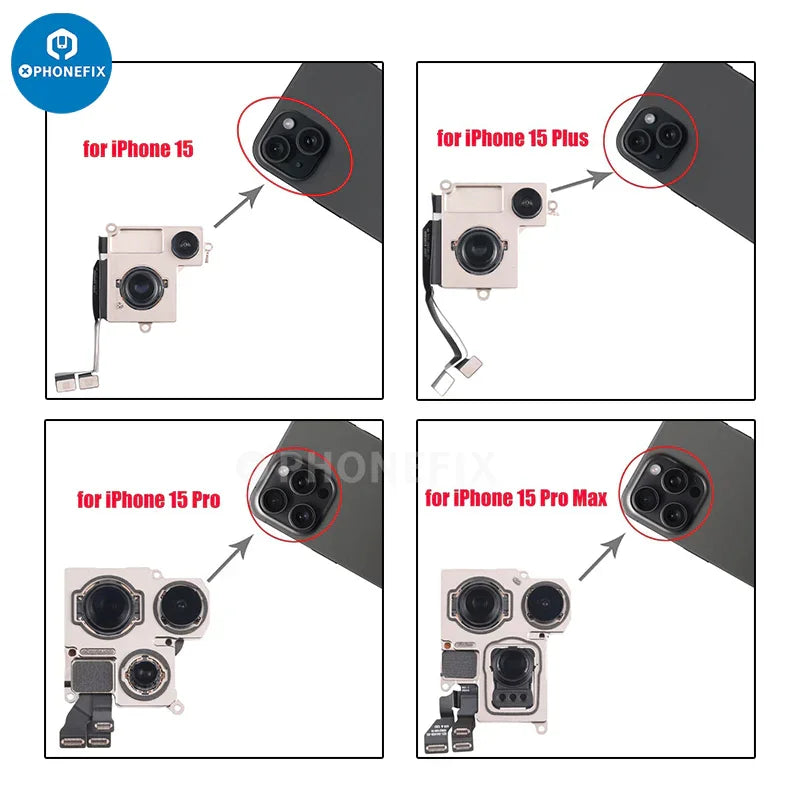 Rear camera assembly for iPhone 7 to iPhone 16 Pro Max, compatible iPhone accessories by PHONEFIX, shown in close-up view.